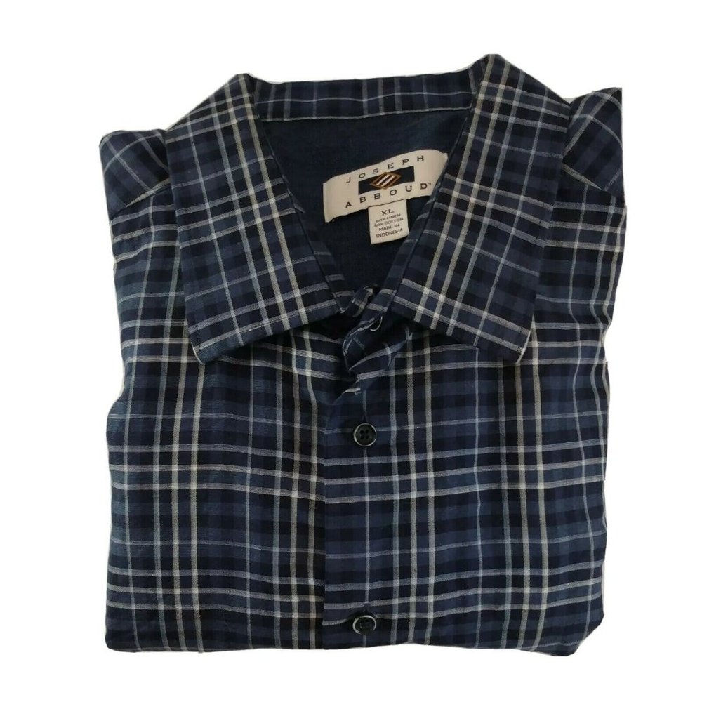 Joseph Abboud Dress Shirt Blue Plaid Linen Cotton Blend Men's XL